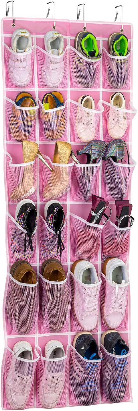 Hanging Shoe Organizer, Over The Door Shoe Organizer with 24 Breathable Mesh Pockets for Men Women Kids Hanging Shoe Storage Rack Organizer Size:58x21 Inch（Pink）