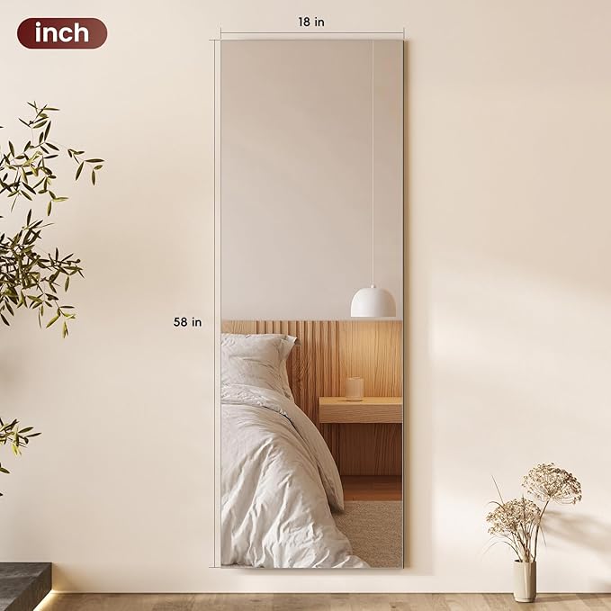 56x18 Frameless Full Length Silver Coating Mirror w/Distortion Free, HD Reflection &Anti Desilvering, Tempered Glass & Shatter Proof Film Doubling Safety, Easy Setup w/Stand, Wall/Standing