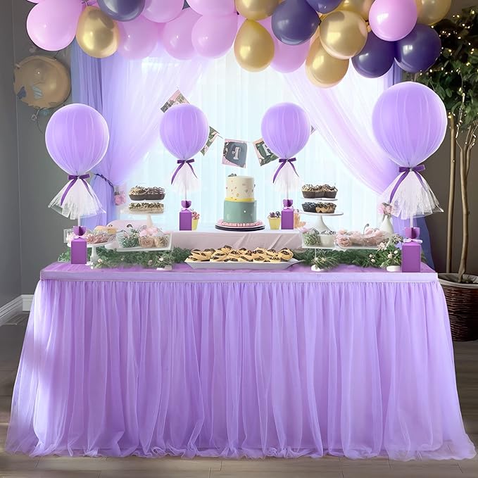 14ft Lavender Tulle Table Skirts for Rectangle Tables or Round Tables Lavender Ruffle Tutu Tablecloth for Girls Baby Shower Birthday Party Wedding Cake Dessert Table Decorations