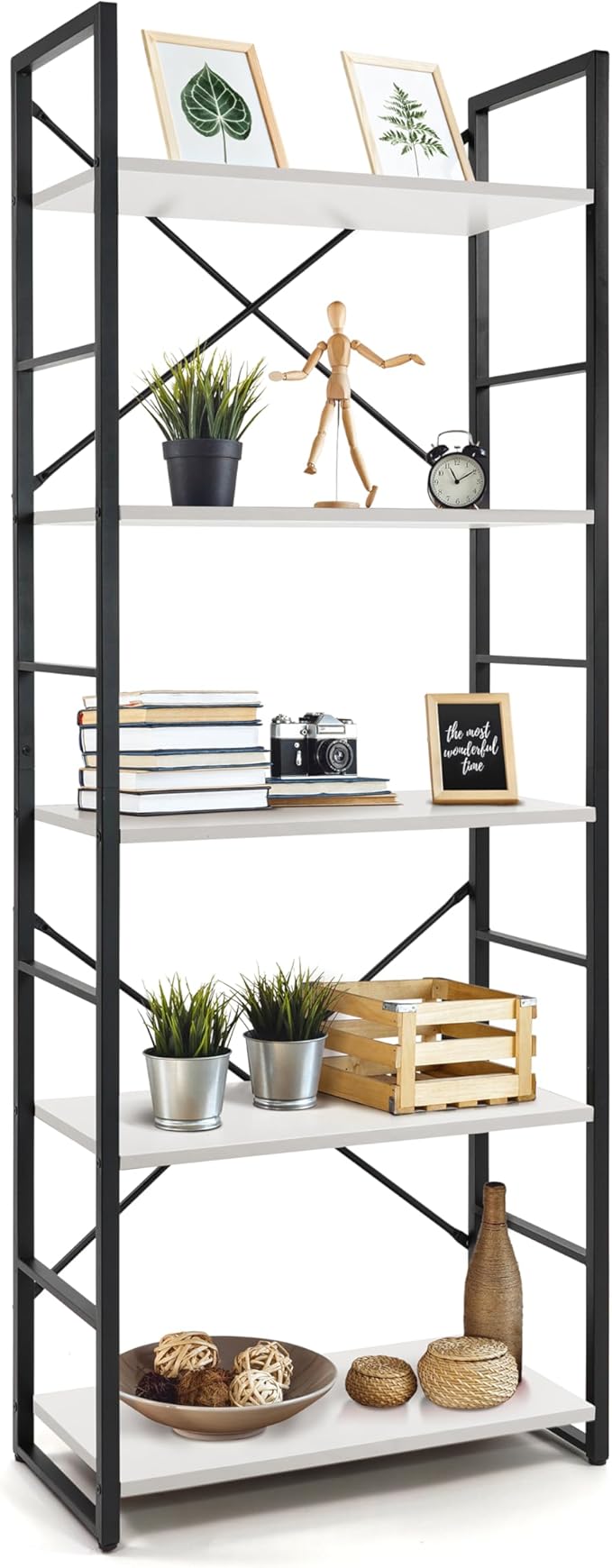 CAPHAUS 5 Tier Bookshelf, 24 Inch Width Free Standing Shelf, Bookcase Shelf Storage Organizer, Industrial Book Shelves for Home Office, Living Room, Kitchen, White Shelves & Metal Frame