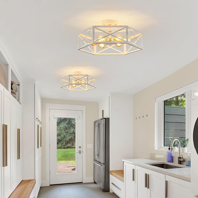 White Flush Mount Ceiling Light, 6 Light Flush Mount Light Fixture, Modern Close to Ceiling Light with Metal Hexagon Cage, Farmhouse Light Fixture for Hallway, Kitchen, Bedroom
