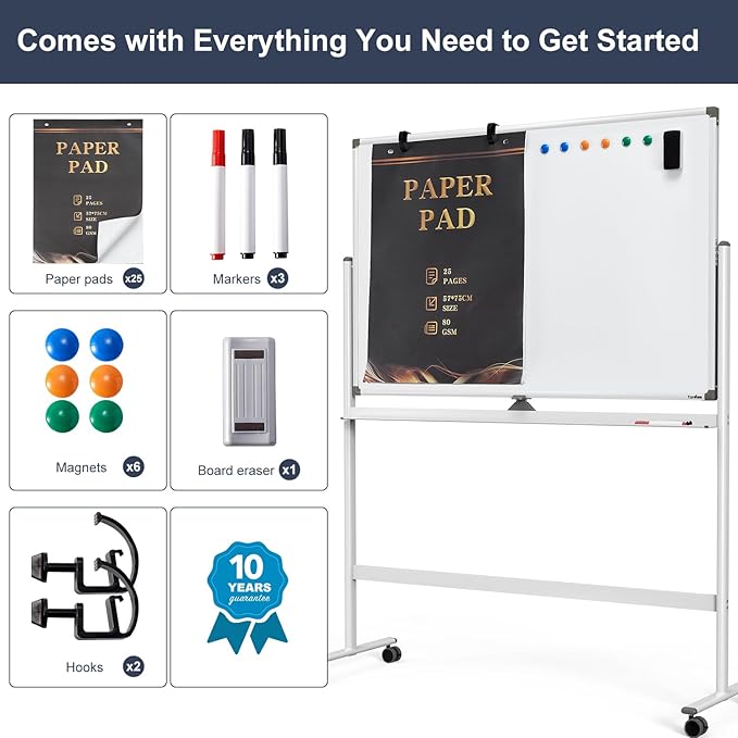 Dry Erase Whiteboard Easel on Wheels - TANKEE 48" x 32" Large Double Sided Mobile Whiteboard, Reversible Magnetic Rolling White Board for Home Office Classroom, Flip Chart Holders and Paper Pad