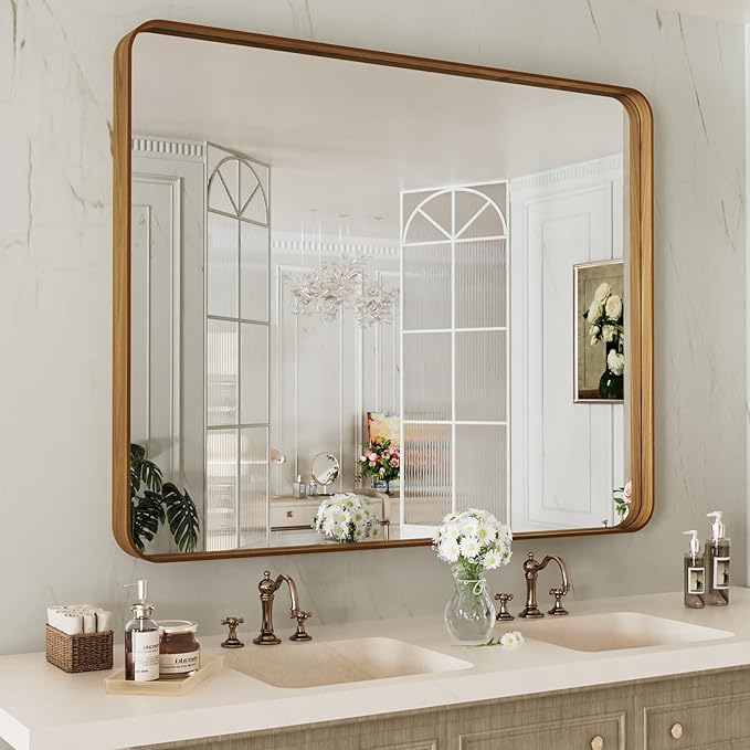 LOAAO 40X36 Inch Bathroom Mirror with Wood Grain Colored Metal Frame, Rounded Rectangle Metal Framed Bathroom Mirror, Anti-Rust, Hangs Horizontally or Vertically, Tempered Glass