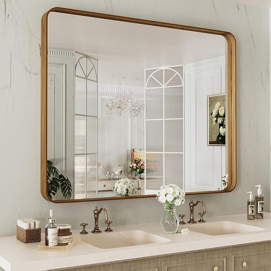 LOAAO 40X24 Inch Bathroom Mirror with Wood Grain Colored Metal Frame, Rounded Rectangle Metal Framed Bathroom Mirror, Anti-Rust, Hangs Horizontally or Vertically