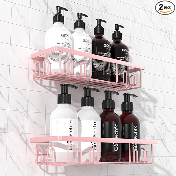 2025 New Adhesive Shower Caddy, Shower Shelves with 16 Hooks, Pink 2 Pack