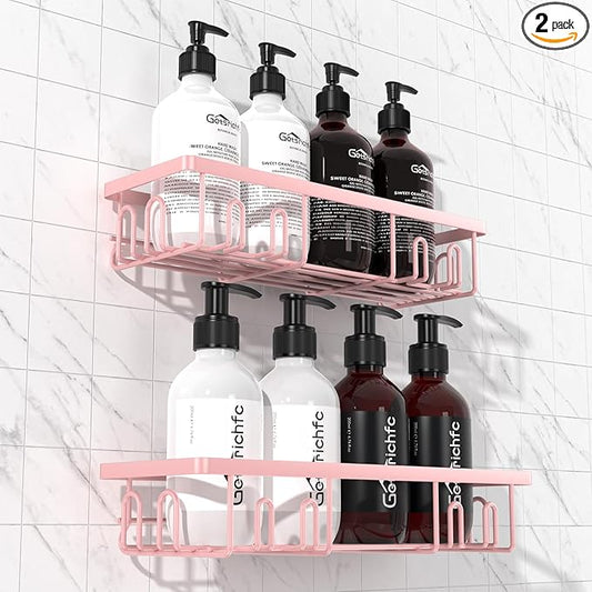 2025 New Adhesive Shower Caddy, Shower Shelves with 16 Hooks, Pink 2 Pack