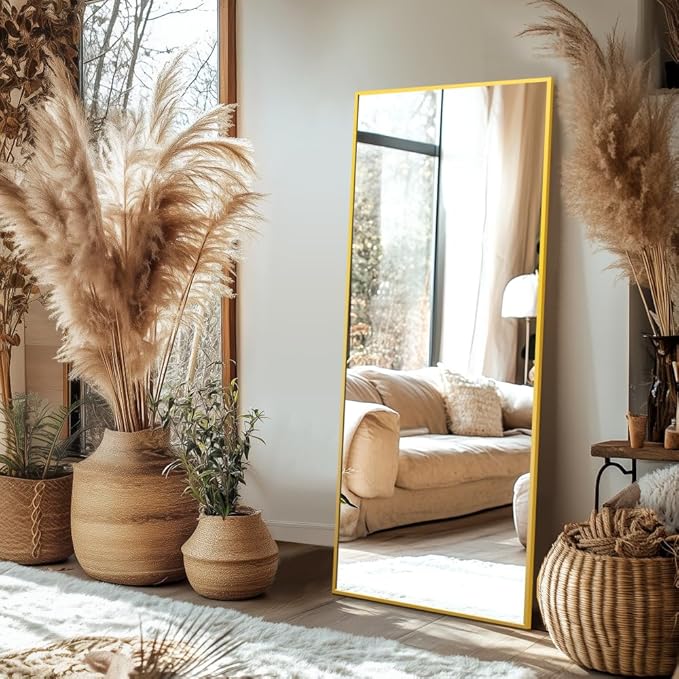 Delma Full Length Standing Mirror,Large Floor Mirror with Aluminum Frame for Bedroom, Bathroom, Living Room,Wall Mount or Freestanding Design(with Stand,Rect 69x24-Gold)