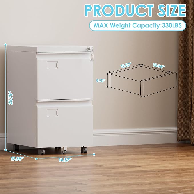 Aobabo 2 Drawer File Cabinet with Wheels, Lockable Metal Filing Cabinet with Business Card Slot for Legal/Letter Size for Home Office, Required Assembled,White