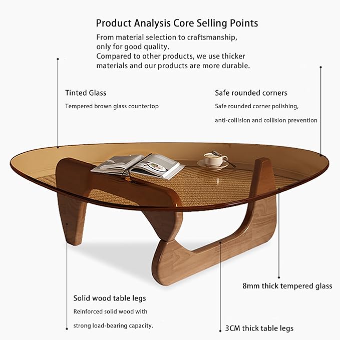 EASYSOUL Modern Glass Coffee Table, 44.88" D x 32.28" W x 15.75" H, Abstract Round Tea Tables for Living Room Home Office Industrial Cocktail Tables (Walnut-Brown Glass, 44.88")
