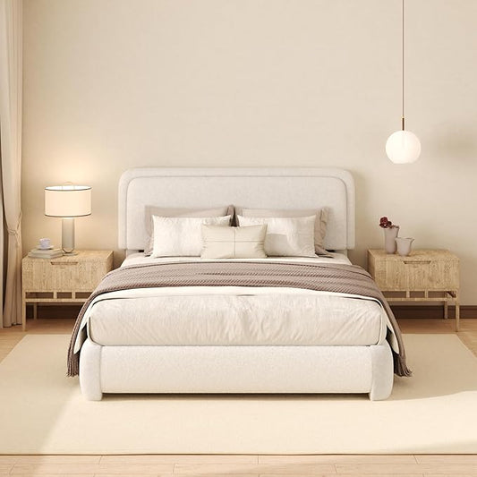 Queen Boucle Platform Bed Frame with Height Adjustable Headboard, Modern Upholstered Cloud Bed, Sleek Curved Design, No Box Spring Needed, Easy Assembly, Noise Free, White