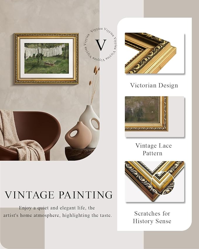 VIYYIEA Gold Framed Wall Art Canvas Print Home Decor Vintage Laundry Room Art Prints Antique Country Oil Painting Green Landscape Wall Decor Bathroom Art Wall Pictures for Living Room Bedroom 11x14in