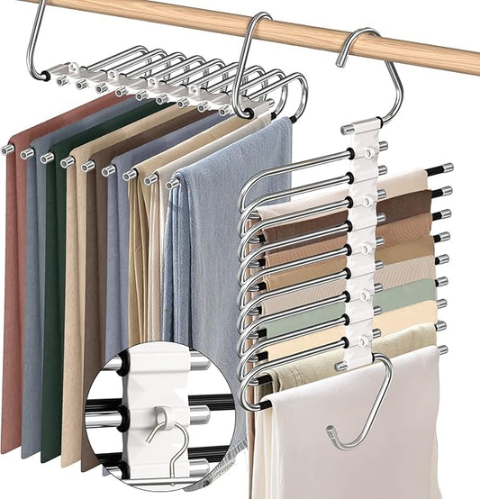 9 Layers Pants Hangers Space Saving, 2 Pack Multifunctional Pant Rack Stainless Steel Closet Organizer for Pants Jeans Leggings Trousers, Antiquewhite
