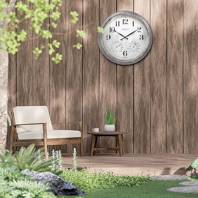 Maison in/Outdoor Clock with Thermometer, 2 in One Weather Station (Weather Thermometer/Wall Decoration) (Galvanized, 18 inch)