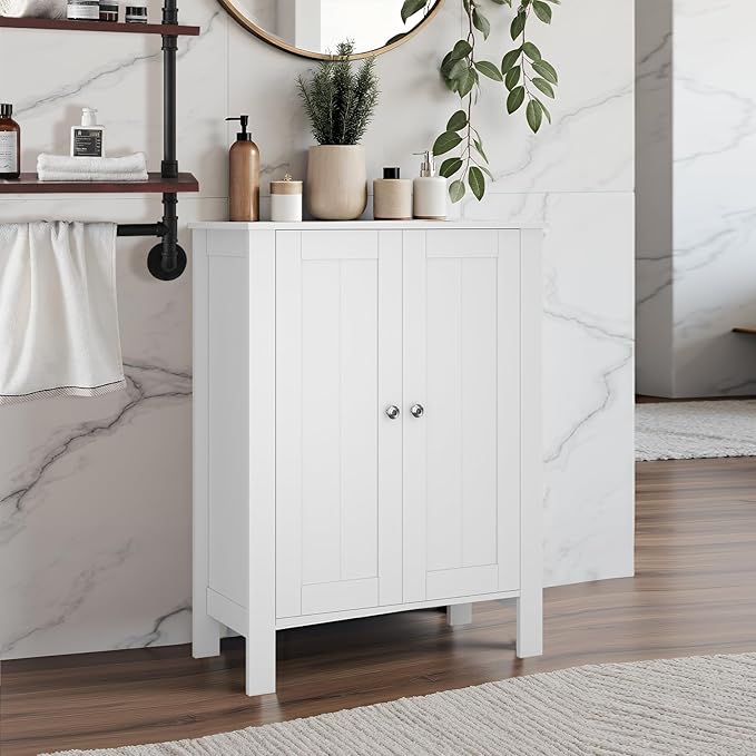 Bathroom Cabinet, Modern Bathroom Floor Storage Cabinet, Freestanding Organizer with Adjustable Shelves & Double Doors, 3-Tier Home Living Room Furniture
