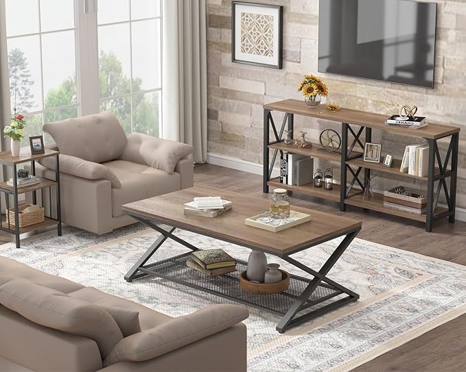 LVB Wood Coffee Table, Metal Wooden 2 Tier Center Tables with Storage, Industrial Cocktail Table with Shelf for Living Room, Farmhouse Rectangle Middle Table for Office Bedroom, 47 inch, Rustic Oak
