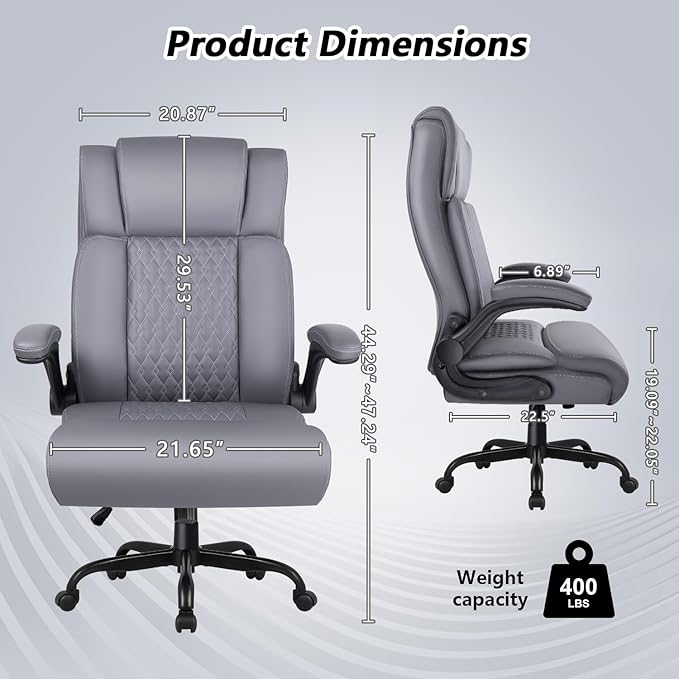Leather Office Chair Desk Chair, Comfortable Office Desk Chair Computer Chair with Adjustable Flip-up Armrest, Ergonomic Executive High Back Tall Chairs with Smooth Wheels, Grey