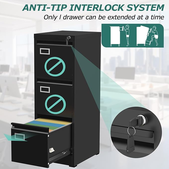 GREATMEET 3 Drawer File Cabinet with Lock, Metal Vertical File Cabinets for Home Office, Black Filing Cabinet for Letter/Legal/A4/F4 Size File,Assembly Require