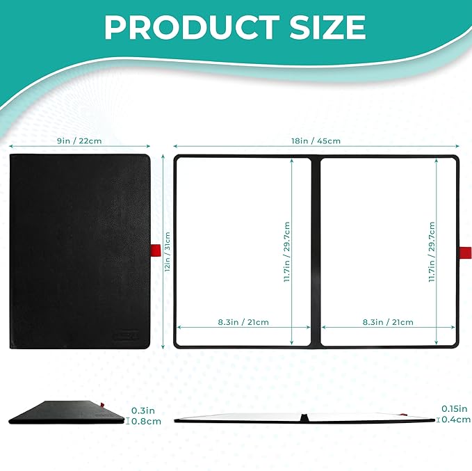 Double-Sided White Board 12x9 inch - Ultra-Thin 0.3" Portable Dry Erase Board with 3 Markers & Anti-Ghosting Surface | Magnetic-Ready | Foldable for Office, School, Travel, Homeschool (Black)