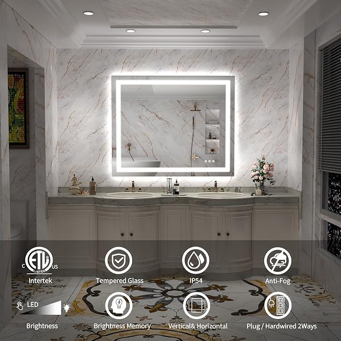 LED Mirror for Bathroom, 44x36 Inch Backlit + Front Lighted Bathroom Vanity Mirror with Lights for Wall, Double Light Strips, 3 Colors, Shatter-Proof, Anti-Fog and Brightness Memory