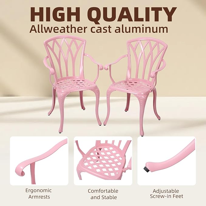 3-Piece Cast Aluminum Patio Bistro Set, Outdoor Rust-Resistant Furniture with 2 Chairs and Table (Pink)