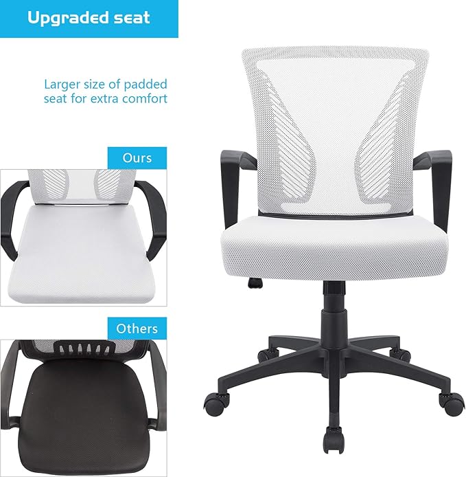 Furmax Office Chair Ergonomic Computer Desk Mesh Chair Mid Back Swivel Lumbar Support with Armrest (1, White)