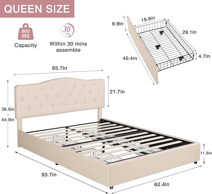VECELO Queen Size Platform Bed Frame with 4 Storage Drawers,Fabric Upholstered Headboard and Wooden Slats Support,Built-in USB and Type C Ports, No Box Spring Needed,Easy Assembly