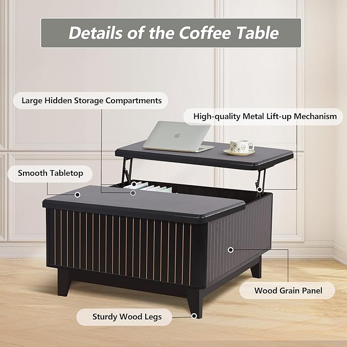 Lift Top Coffee Table, Square Coffee Table with Hidden Storage Compartment, Farmhouse Wood Center Table Dining Table for Living Room, Bedroom, Home Office (Black)