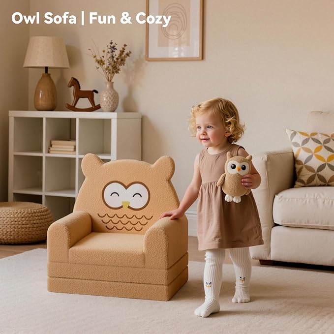 Toddler Couch, 3-Fold Convertible Kids Couch with Cute Owl Design, Fold Out Toddler Chair for 1-3 Years Old, Soft Baby Sofa Bed for Playroom, Washable Cover