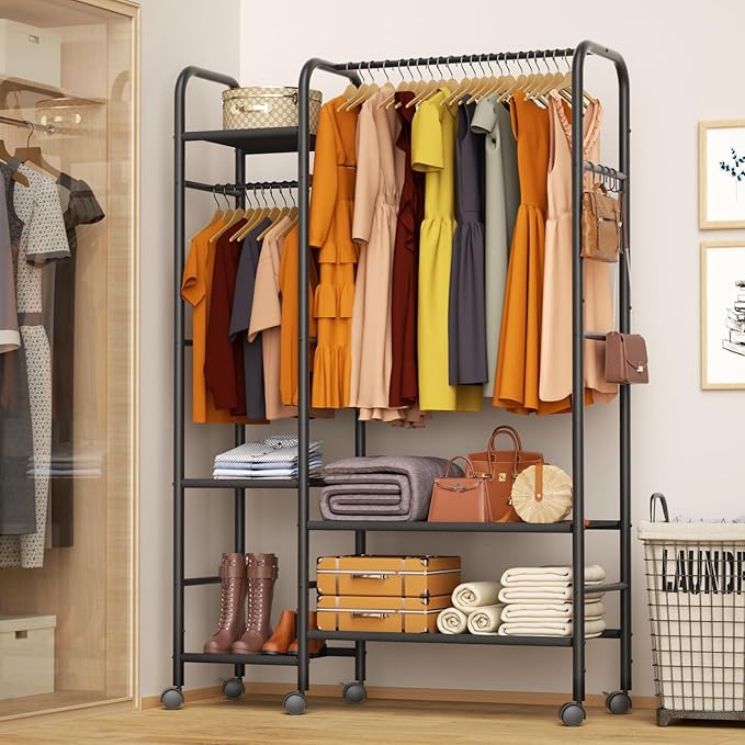 Portable Closets For Hanging Clothes,Wardrobe Closet Racks For Hanging Clothes,Sturdy Clothes Rack Heavy Duty,5-Tier Metal Freestanding Clothing Racks With Shelves, 45" X 16" X 69"