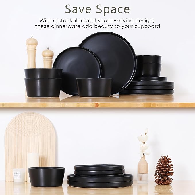 Herogo 18 Pieces Stoneware Dinnerware Sets for 6, Dinner Plates and Bowls Set, Reactive Glaze Dishes for Kitchen, Chip Resistant, Microwave & Dishwasher Safe, Matte Black