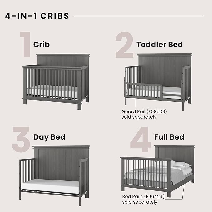 Child Craft Denman 4-in-1 Convertible Crib, Baby Crib Converts to Day Bed, Toddler Bed and Full Size Bed, 3 Adjustable Mattress Positions, Non-Toxic, Baby Safe Finish (Midnight Gray)