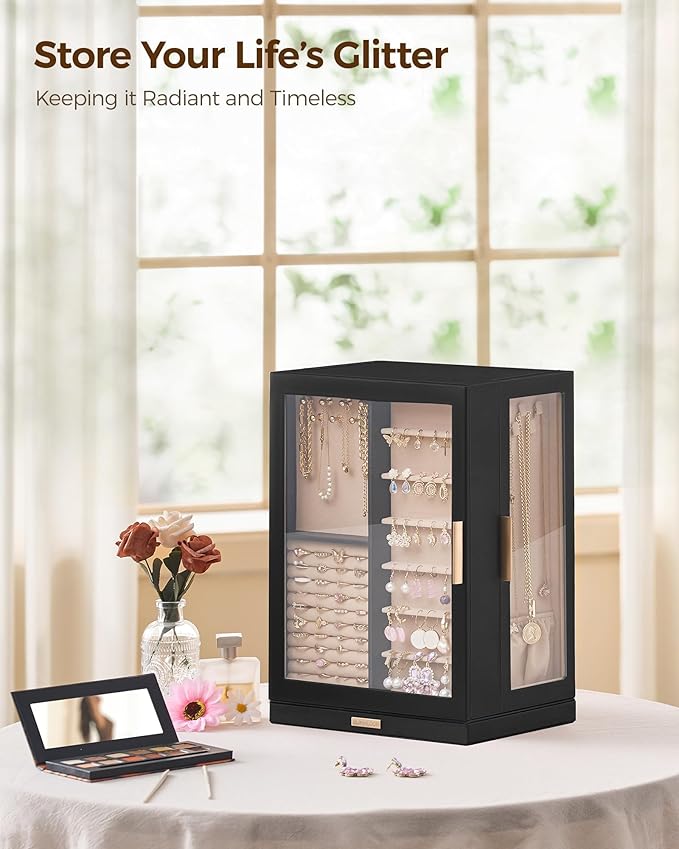360° Rotating Jewelry Box with 9 Drawers, Spacious Vertical Jewelry Organizer with Glass Window, Jewelry Storage Case, Dustproof & Moisture-resistant Design, Black