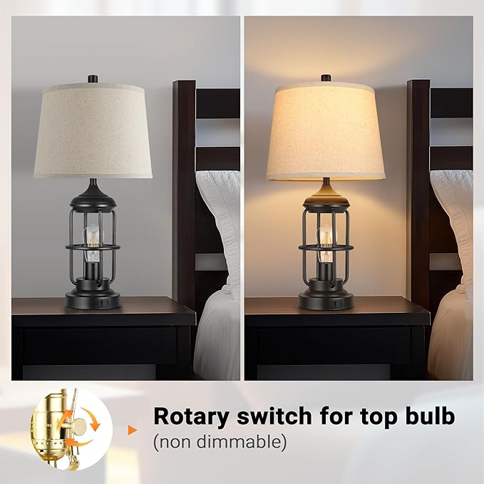Qimh Table Lamp for Bedroom Set of 2 with USB A+C Ports, Farmhouse Bedside Lamp with Night Light, 3-Way Dimmable Touch Control, Rustic Industrial Nightstand Lamp for Living Room, Bulbs Included, Black