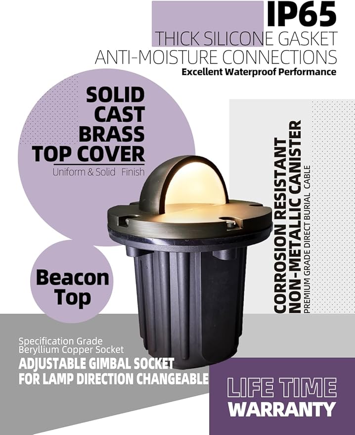 MALORY Brass Top Cover Landscape Well Lights,（6‘’H 12V Low Voltage Outdoor In Ground Lights,Landscape Lighting for Pathway, Driveway and Garden (Beacon Top, 10-Pack Without Bulb)