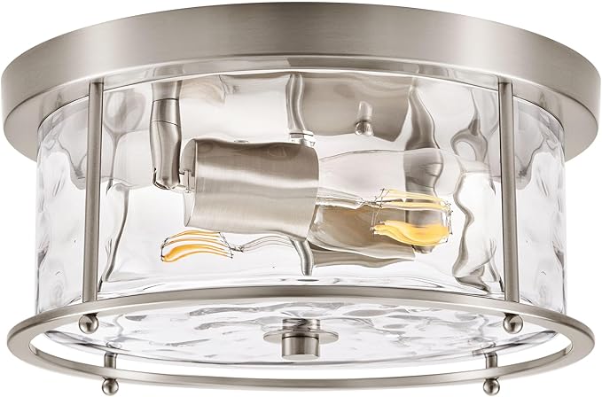 LamQee Flush Mount Ceiling Light with Clear Hammered Glass, Industrial 2-Lights Farmhouse Close to Ceiling Light Fixtures Round Low Profile Lights for Kitchen Hallway Foyer Entrance Bedroom Nickel