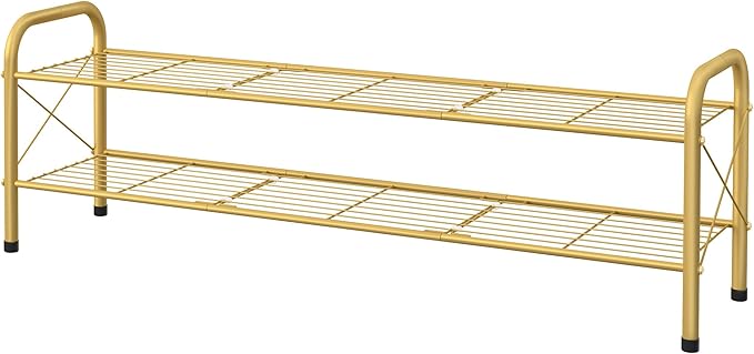 Hoctieon 2 Tier Shoe Rack for Closet, Durable Mesh Style Shoe Rack, Entryway Shoe Shelf, Shoe Storage Organizer for Hallway, Bedroom, Living Room, Wardrobe, Gold