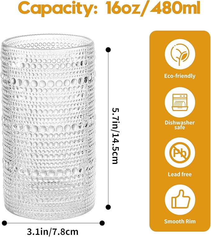 AkutaaVintage Hobnail Drinking Glasses Set of 6, 16 oz Large Capacity Embossed ClearTumblers, Highball Glasses for Water, Cocktail, Beer, Whiskey, Kitchen & Bar Use