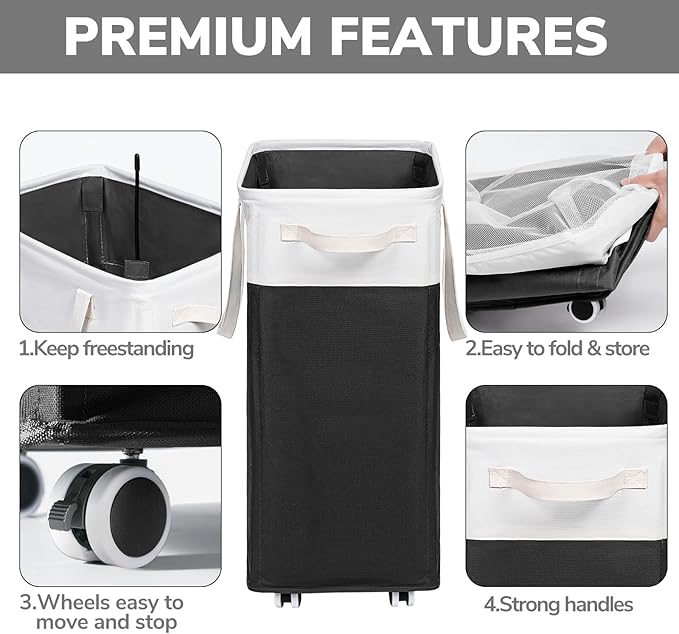 Goodpick Hamper with Wheels 75L 2-Pack, Tall Laundry Basket with Removable Wash Bags, Rolling Black Laundry Hamper for Corner Dorm, Large Collapsible Laundry Baskets