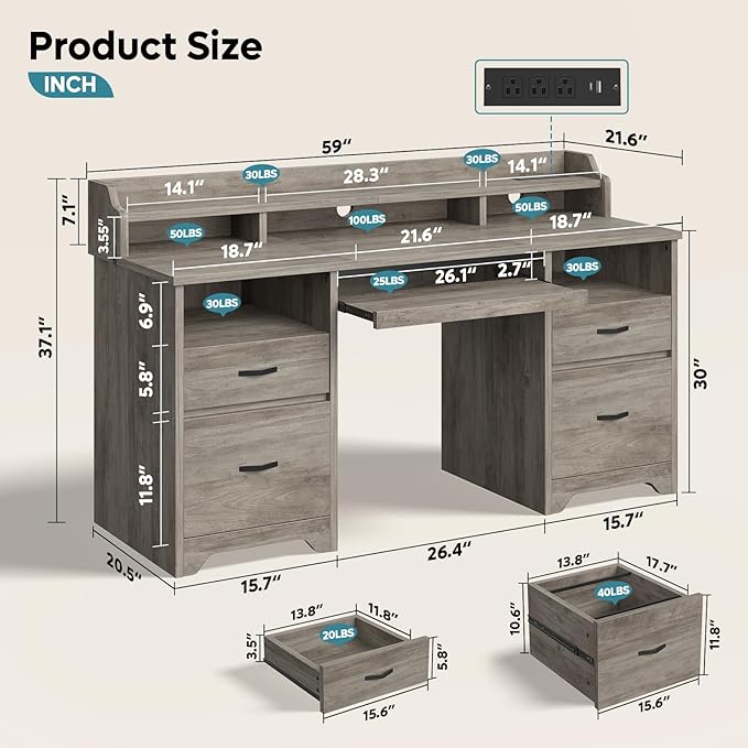 Bestier Farmhouse 59" Executive Desk with Drawers, Wood Computer Desk with Charging Station, Home Office Desk with Keyboard Tray & Monitor Stand, Sturdy Pedestal Desk for Work Study, Grey