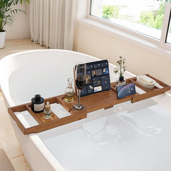 Teak Bathtub Tray Expandable Bathroom Tray for Home Spa Relaxation, Wooden Tray Caddy for Bathtub, Teak Bathtub Caddy as Unique Housewarming, Birthday, Wedding Shower Gifts (Light Walnut)
