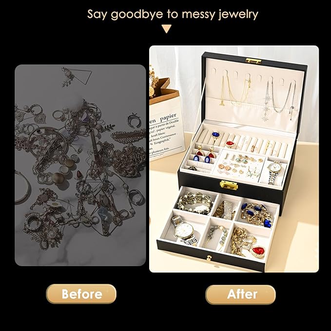 Jewelry Box for Women Girl Wife - Large PU Leather Jewelry Organizer Storage Case with Two Layers Display for Earrings Bracelets Rings Watches (Apricot)