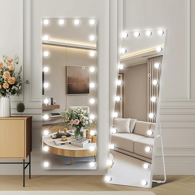 62x20 Hollywood Full Length Mirror with Light, 20 Dimmable Bulbs & 3 Color Smart Touch Control, Distortion Free, Tempered Glass & Shatter Proof Film, Safe Full Body Mirrors with Stand