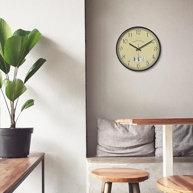 SCAOGE Retro Analog Wall Clock with Date Temperature Day Vintage Ivory Silent Battery Operated Digital Clocks with Week Large Display Clock Decorative for Living Room Kitchen Office Bathroom 12 Inch