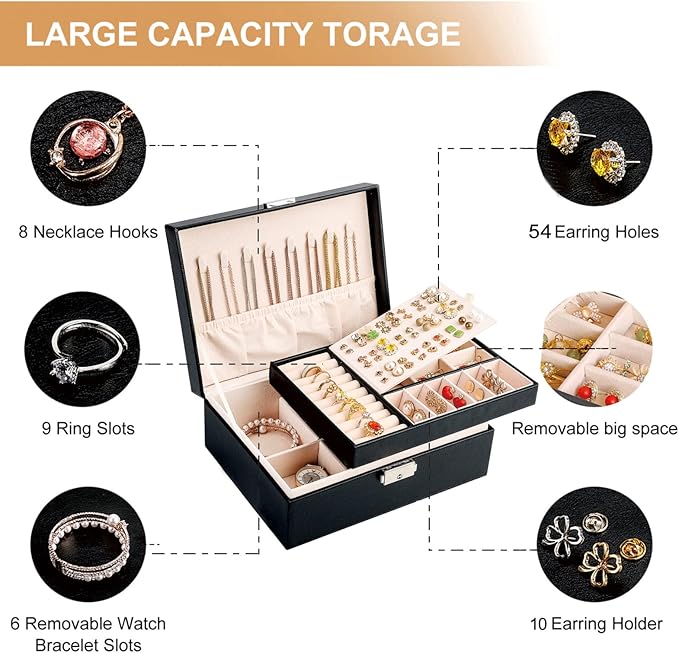 Jewelry Boxes for Women Girls 2 Layers leather Jewelry Organizer Case with Lock Storage Box Removable Tray for Necklace Earring Ring with Polishing Cloth and Jewelry Bags