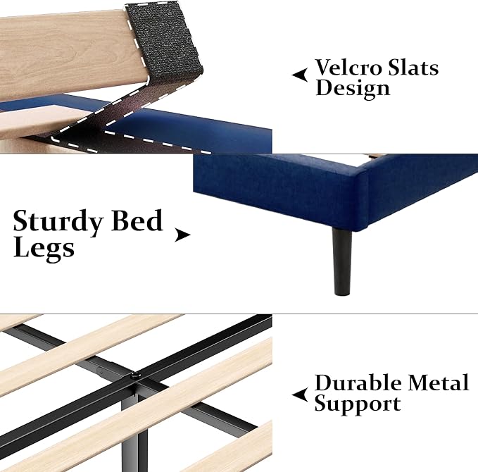 King Size Bed Frame with Upholstered Wingback Headboard, Easy Assemnly Platform Bed, Wooden Slat Support No Box Spring Needed, Navy Blue