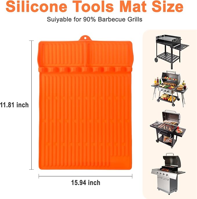 Silicone Grill Mat for Blackstone Silicone Griddle Tools Mat with Drip Pad Grill Pad for Outdoor Grill Kitchen Countertop (Orange)
