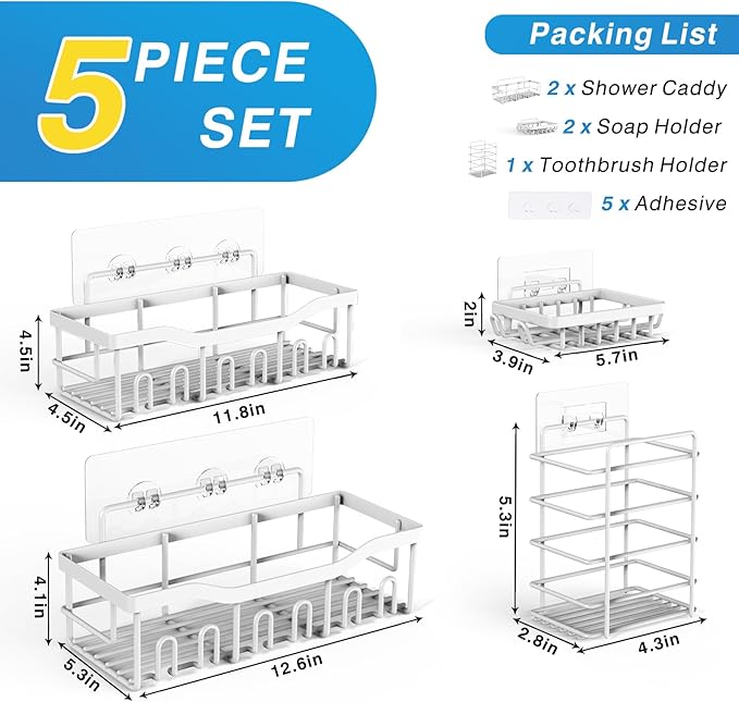 5-Pack Rustproof Stainless Steel Shower Caddy – No Drill Adhesive Bathroom Organizer with Large Capacity, Spacious Shower Shelves for Inside Shower, Kitchen & Home Decor Storage-XL Size