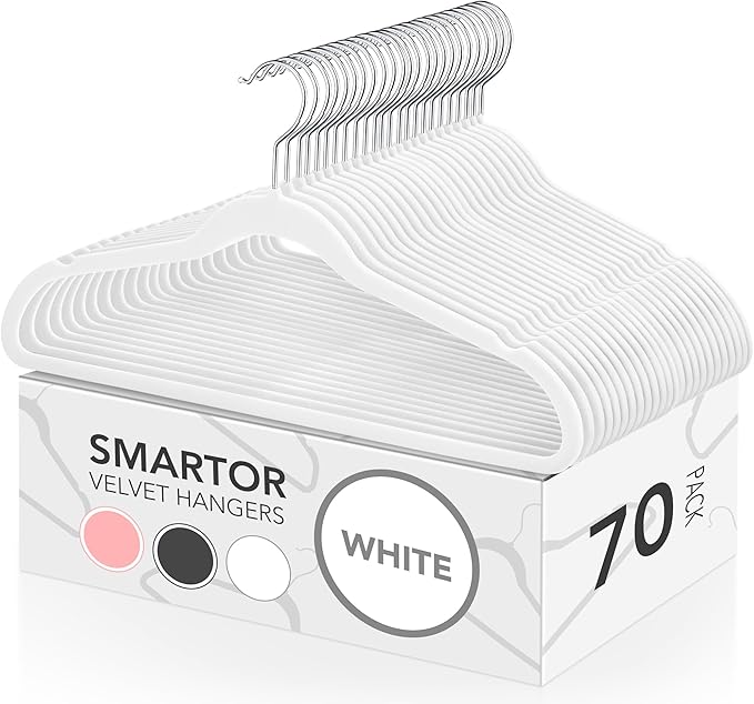 Smartor Velvet Hangers 70 Pack, White Non Slip Clothes Felt Hanger Heavy Duty for Coat, Premium Slim Space Saving Hangers for Closet Organizer and Storage, 360° Rotating Silver Hook
