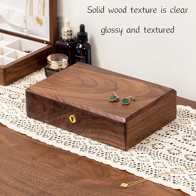 Bescott 2 Layers Solid Black Walnut Wooden Jewelry Box for Women with Lock and Key Wood Vintage Organizer for Men Earrings Rings Necklaces Bracelet Storage Mother's Day Gift
