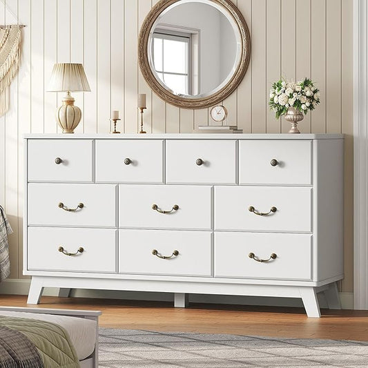 10 Drawer Dresser for Bedroom, 55.1" White Dresser & Chest of Drawers, Wooden Dressers with Vintage Metal Handle, Modern Storage Dressers TV Stand for Bedroom, Living Room, Hallway